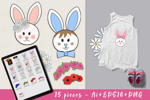 Set of Rabbits with Floral Wreaths: A Versatile and Creative Design Solution
