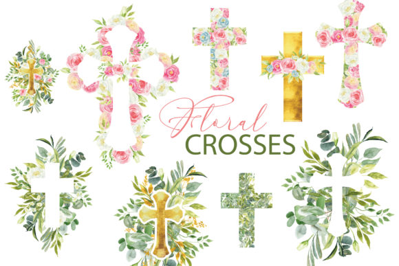 Watercolor Floral Easter Cross Clipart