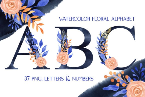 Watercolor Navy Blue Floral Alphabet