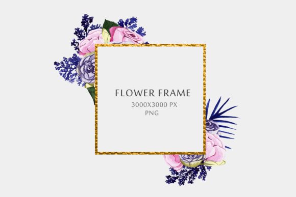 Watercolor Round Floral Frame in Rose Blue